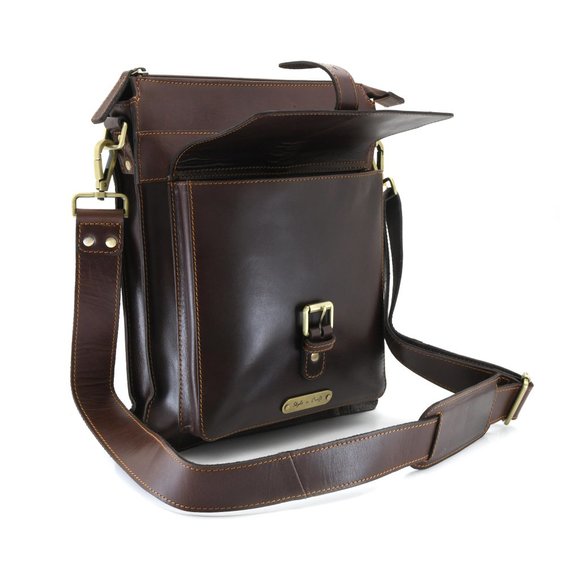 392002 Tall Messenger Bag in Dark Brown Leather - Picture 3 of 5